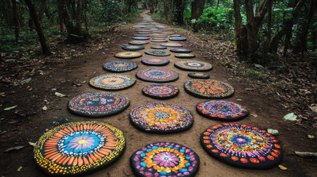 Cultural garden path with hand-painted stones and folk art leading to a decorated altarの素材