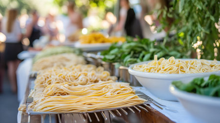 Handmade pasta drying on racks beside a fresh ingredients table at a culinary eventの素材