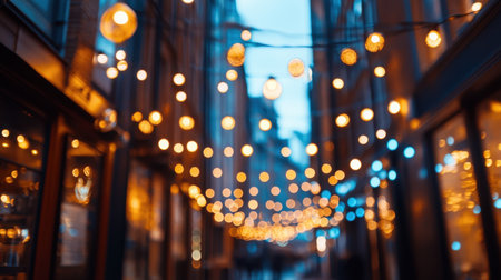 Decorative lights strung across an outdoor street lined with festival stallsの素材