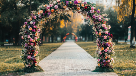 Decorative arch made of flowers and local symbols over a cobblestone pathの素材