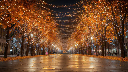 Empty plaza surrounded by trees covered in string lights glowing under the starry skyの素材