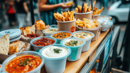 Food fest table filled with colorful sauces, dips, and bread samplesの素材