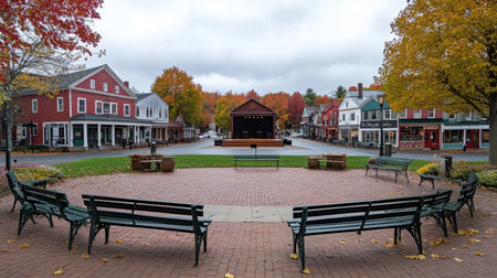 Empty chairs and benches placed in a town square facing a small stageの素材
