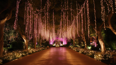 Firefly-inspired garden installation with dozens of tiny glowing lights suspended in mid-airの素材