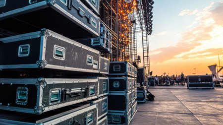 Instrument cases and sound gear stacked near a music stage, awaiting band setupの素材