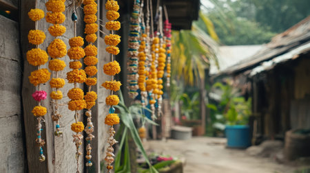 Festival garlands made of marigolds and beads hanging from a wooden frameの素材