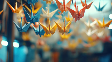 Hanging paper cranes and origami crafts displayed at a cultural festival eventの素材