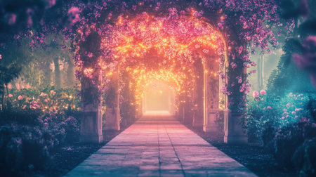 Glowing archway covered in pink and purple lights leading into a fantasy-inspired gardenの素材