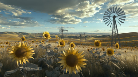 Giant sunflowers and decorative windmills at a rural summer celebration zoneの素材