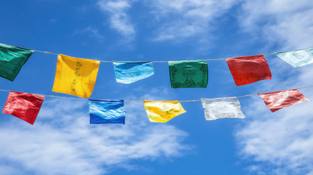 Flags from different villages or regions strung above a town plaza for celebrationの素材