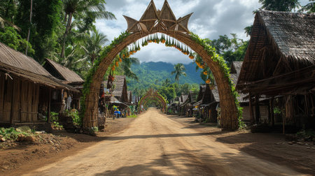 Food festival entry arch made from bamboo and decorated with produce and garlandsの素材