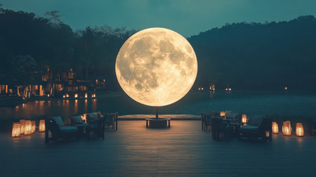 Giant moon-shaped lantern glowing above a calm lake surrounded by subtle shoreline lightsの素材