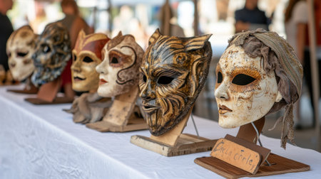 Handmade masks and costumes displayed on stands at a folk heritage celebrationの素材