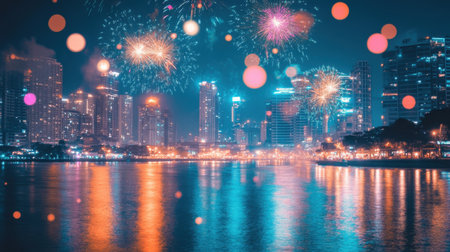 Fireworks bursting in the sky over a calm river during a peaceful night festivalの素材