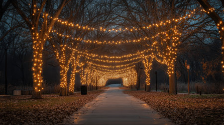 Illuminated trees wrapped in fairy lights lining an empty park walkway during a winter light eventの素材