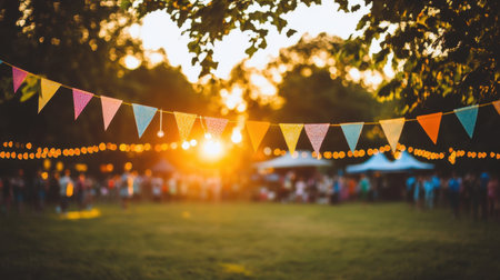 Festival field with decorative archways and string flags, ready for live performancesの素材