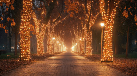 Illuminated trees wrapped in fairy lights lining an empty park walkway during a winter light eventの素材