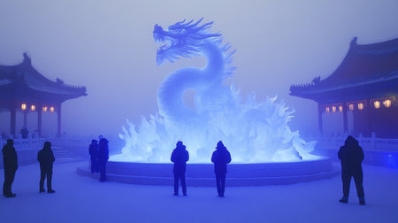Glowing installation shaped like a dragon surrounded by mist at a cultural festの素材