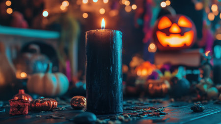 A black candle flickering in a dark room surrounded by eerie Halloween decorationsの素材