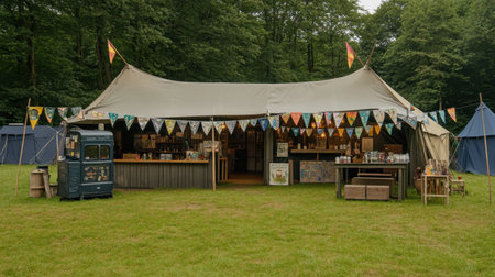 Art-themed bunting with illustrations and patterns strung above artist tentsの素材