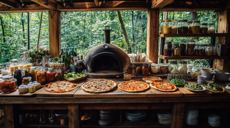A wood-fired pizza oven setup at a gourmet outdoor market with pizza-making ingredientsの素材