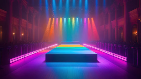 Colorful music festival stage lit with bright lights, surrounded by empty crowd barriers and speakersの素材