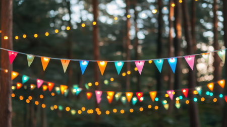 Festive string lights and bunting hanging across an open-air summer celebration areaの素材