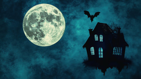 A haunted house silhouetted against a full moon on Halloween nightの素材