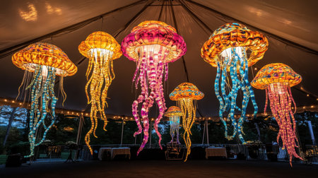 Giant glowing jellyfish lanterns suspended from the ceiling of a tented light displayの素材