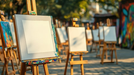 Close-up of artist easels and blank canvases arranged in a public square ready for painting workshopsの素材