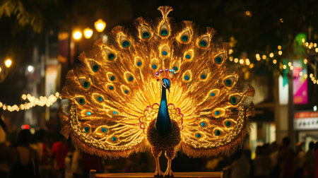 Decorative illuminated peacock sculpture with intricate lighting details at a cultural light festの素材