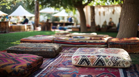 Empty festival seating area with cultural patterned cushions and handwoven blanketsの素材