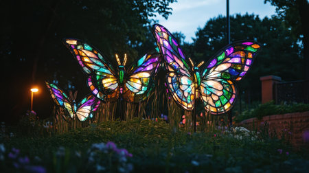 Giant glowing butterflies positioned in a garden installation at nightの素材
