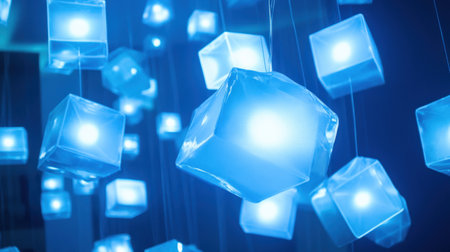 Faintly glowing geometric shapes suspended in air at a digital art night eventの素材
