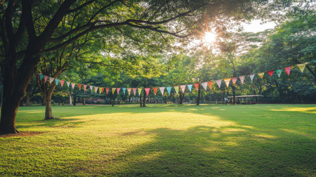 Ethnic festival banners and buntings strung between trees in a sunlit parkの素材