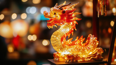 Decorative dragon lantern glowing with fiery reds and golds at a traditional celebrationの素材