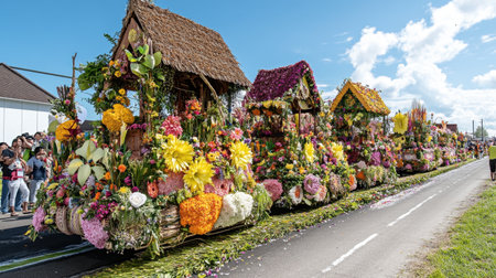 Cultural floats decorated with vibrant flowers and ethnic motifs parked at a parade gatheringの素材