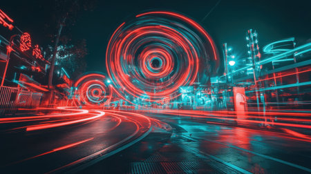 Long exposure shot of glowing spinning lights creating light trails at an art installationの素材