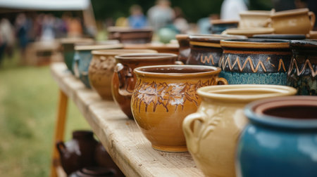 Local pottery and handmade ceramics displayed on rustic festival tablesの素材