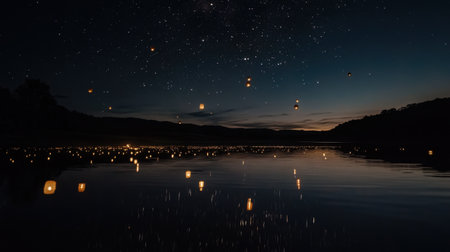 Lanterns floating in the night sky during a tranquil festival celebration under starsの素材
