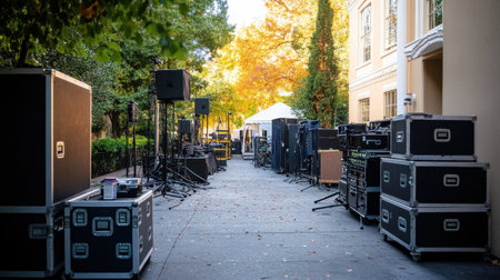 Quiet backstage area with equipment cases and lighting rigs near a festival setupの素材
