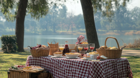 Picnic-style food setups with tablecloths, baskets, and local cuisineの素材