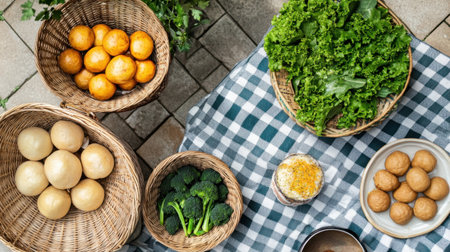 Picnic-style food setups with tablecloths, baskets, and local cuisineの素材