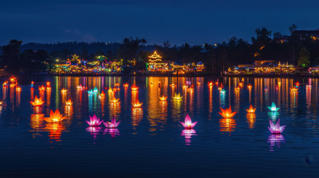Reflections of colorful lanterns on still water during a lakeside night festの素材