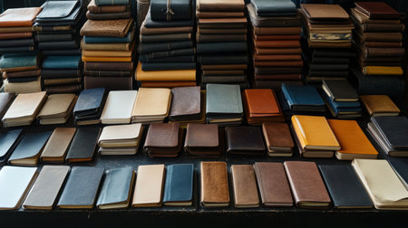 Rows of handmade sketchbooks, journals, and bookmarks at a stationary boothの素材