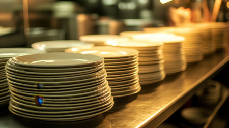 Rows of empty plates and utensils neatly arranged in a buffet area under warm lightingの素材