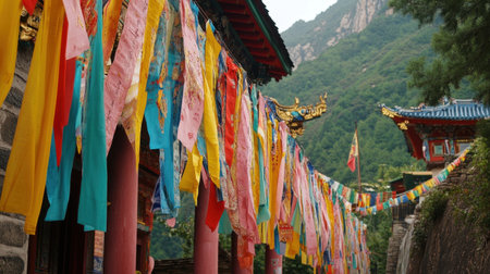 Traditional festival banners blowing in the wind next to colorful pavilionsの素材