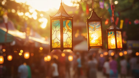 Stained glass art pieces glowing in sunlight during a daytime cultural festivalの素材