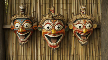 Traditional masks hanging on a bamboo wall in an outdoor cultural showcaseの素材