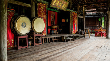 Traditional drums and instruments placed on a stage, ready for festival performancesの素材